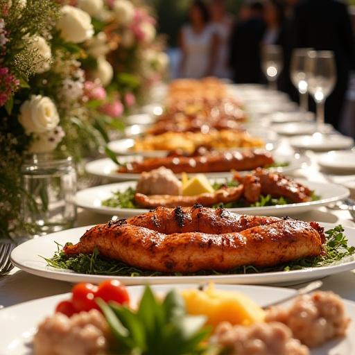 Ett vackert dukat bord med grillade rätter för ett cateringevent